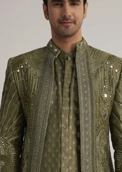 Olive Green Silk Indowestern Suit With Mirror Work