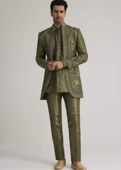 Olive Green Silk Indowestern Suit With Mirror Work
