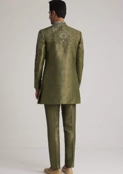Olive Green Silk Indowestern Suit With Mirror Work