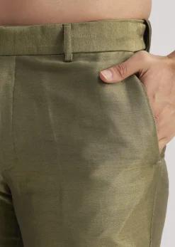 Olive Green Silk Indowestern Suit With Mirror Work