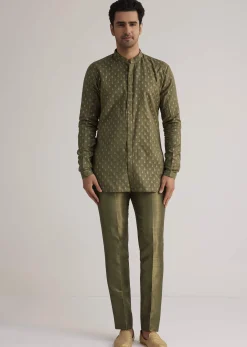 Olive Green Silk Indowestern Suit With Mirror Work