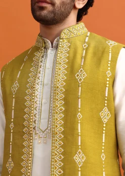 Olive Green Silk Kurta Jacket Set With Mirror Work