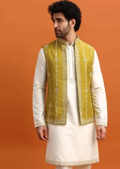 Olive Green Silk Kurta Jacket Set With Mirror Work