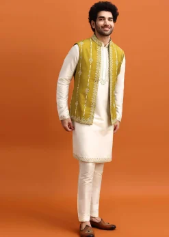 Olive Green Silk Kurta Jacket Set With Mirror Work