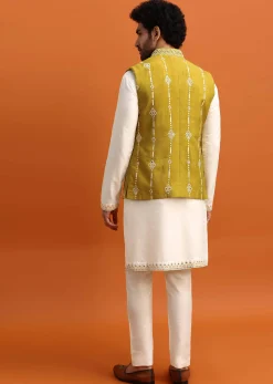 Olive Green Silk Kurta Jacket Set With Mirror Work