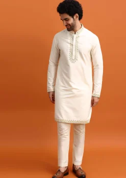 Olive Green Silk Kurta Jacket Set With Mirror Work
