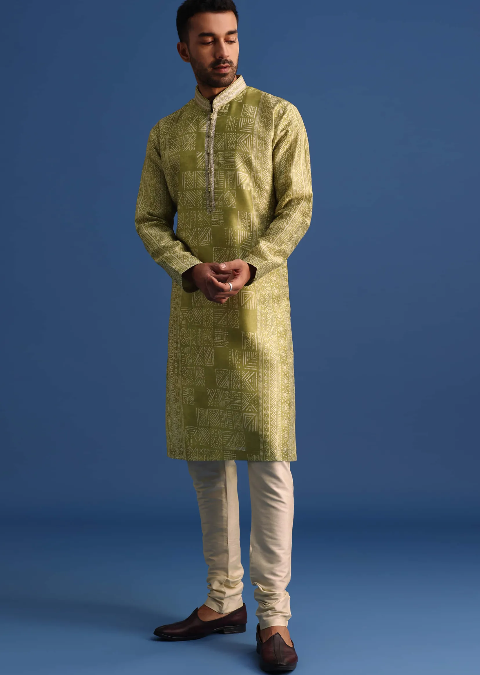 Olive Green Silk Printed Kurta Set