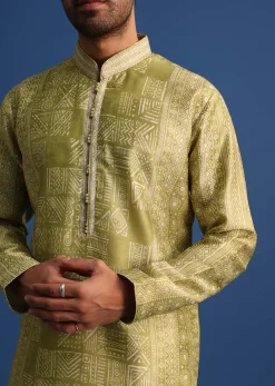 Olive Green Silk Printed Kurta Set