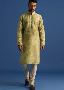 Olive Green Silk Printed Kurta Set
