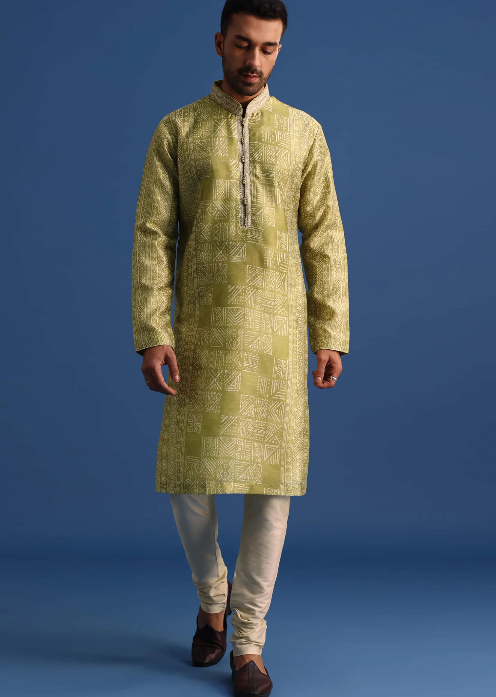 Olive Green Silk Printed Kurta Set