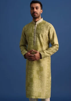Olive Green Silk Printed Kurta Set