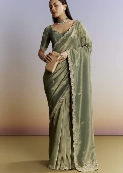 Olive Green Tissue Saree With Zardosi And Sequin Embroidery