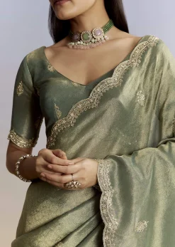 Olive Green Tissue Saree With Zardosi And Sequin Embroidery