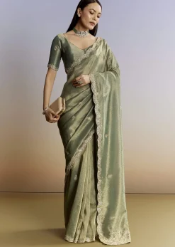 Olive Green Tissue Saree With Zardosi And Sequin Embroidery