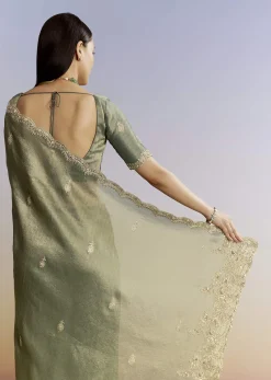 Olive Green Tissue Saree With Zardosi And Sequin Embroidery