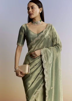 Olive Green Tissue Saree With Zardosi And Sequin Embroidery
