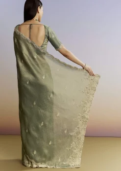 Olive Green Tissue Saree With Zardosi And Sequin Embroidery