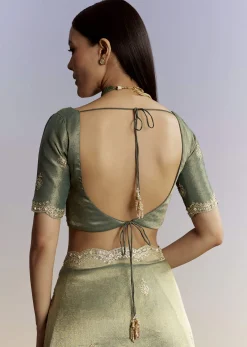 Olive Green Tissue Saree With Zardosi And Sequin Embroidery