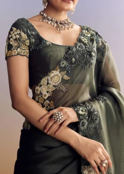 Olive Green Tissue Saree With Cutwork Border And Heavy Embroidery