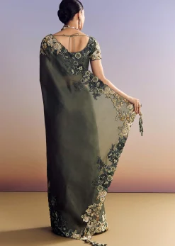 Olive Green Tissue Saree With Cutwork Border And Heavy Embroidery