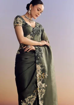 Olive Green Tissue Saree With Cutwork Border And Heavy Embroidery