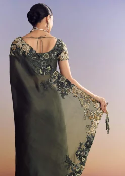 Olive Green Tissue Saree With Cutwork Border And Heavy Embroidery
