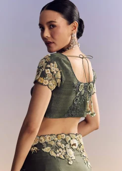 Olive Green Tissue Saree With Cutwork Border And Heavy Embroidery