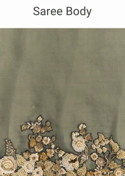 Olive Green Tissue Saree With Cutwork Border And Heavy Embroidery