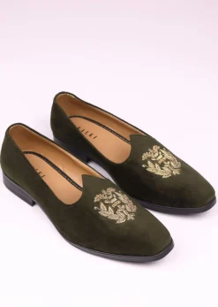 Olive Green Velvet Jutti With Hand Work For Men