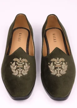 Olive Green Velvet Jutti With Hand Work For Men