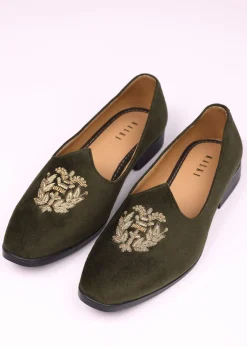 Olive Green Velvet Jutti With Hand Work For Men
