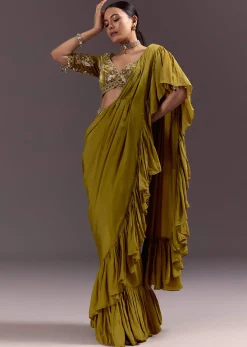 Olive Green Velvet Saree With Frilled Pallu And Heavy Embroidered Blouse