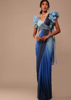 Ombre Blue Satin Saree With Fancy Organza Ruffle Blouse