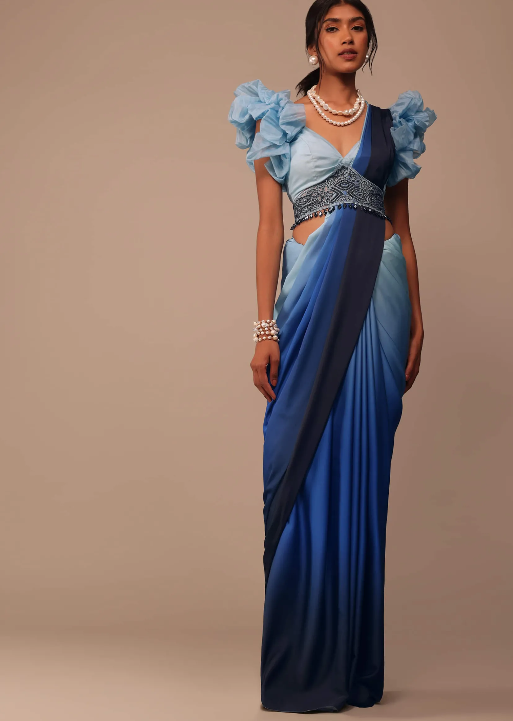 Ombre Blue Satin Saree With Fancy Organza Ruffle Blouse
