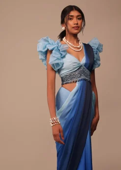 Ombre Blue Satin Saree With Fancy Organza Ruffle Blouse