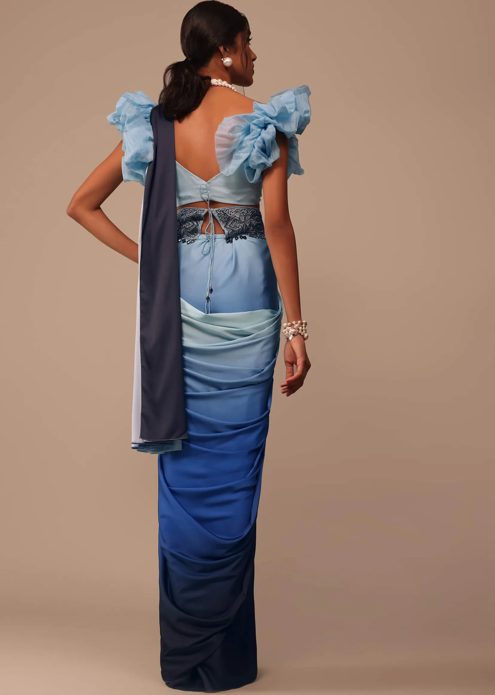 Ombre Blue Satin Saree With Fancy Organza Ruffle Blouse