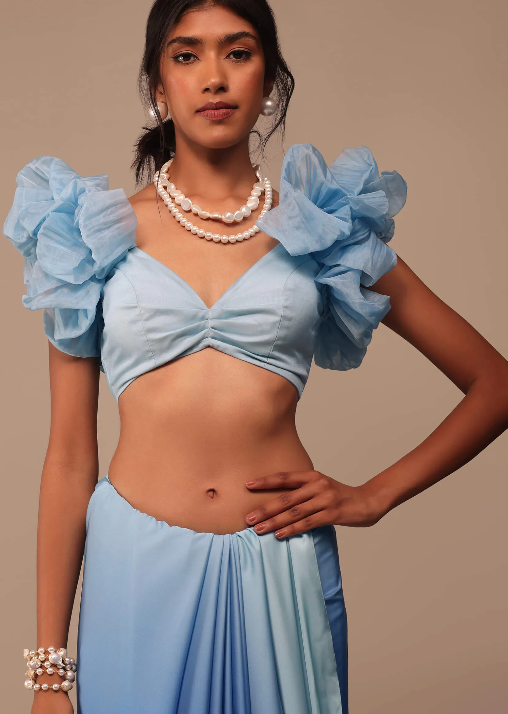 Ombre Blue Satin Saree With Fancy Organza Ruffle Blouse