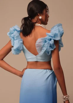 Ombre Blue Satin Saree With Fancy Organza Ruffle Blouse