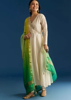 Ombre Chanderi Angrakha Style Anarkali Suit With Ombre Dupatta