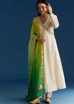 Ombre Chanderi Angrakha Style Anarkali Suit With Ombre Dupatta