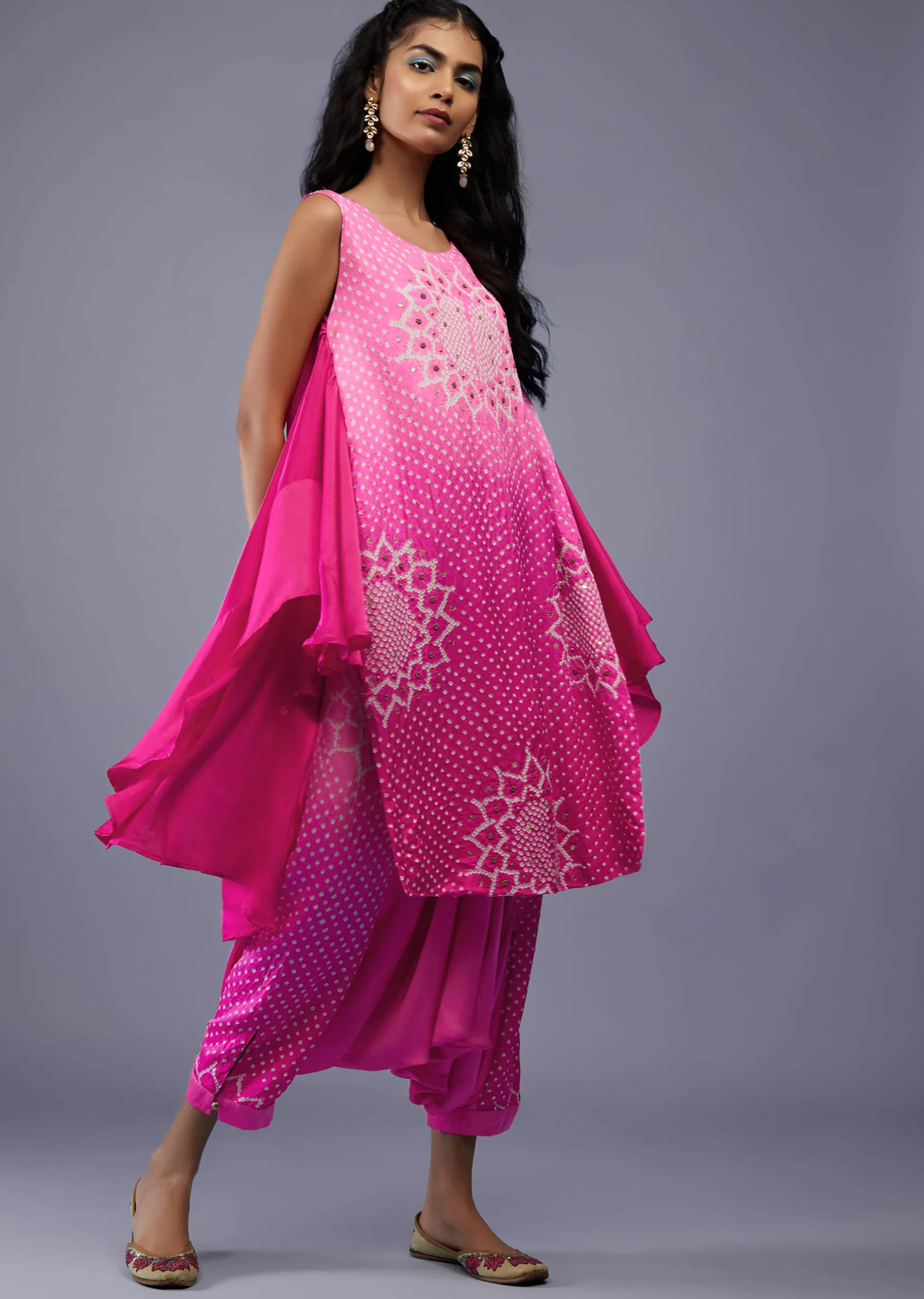 Ombre Fuschia Pink Bandhani Tunic Top In Gajji Silk With Printed Silk Cowl Dhoti