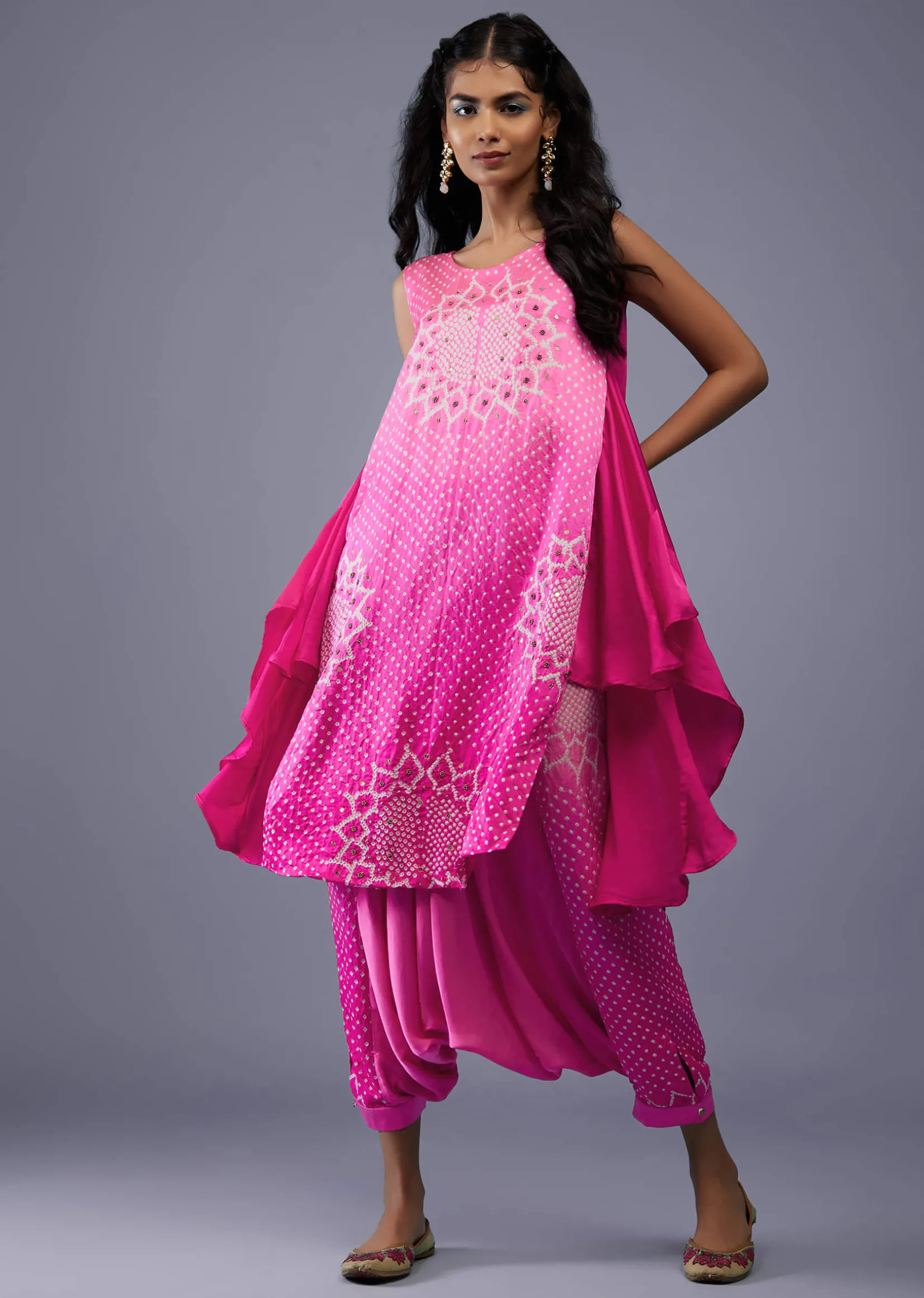 Ombre Fuschia Pink Bandhani Tunic Top In Gajji Silk With Printed Silk Cowl Dhoti
