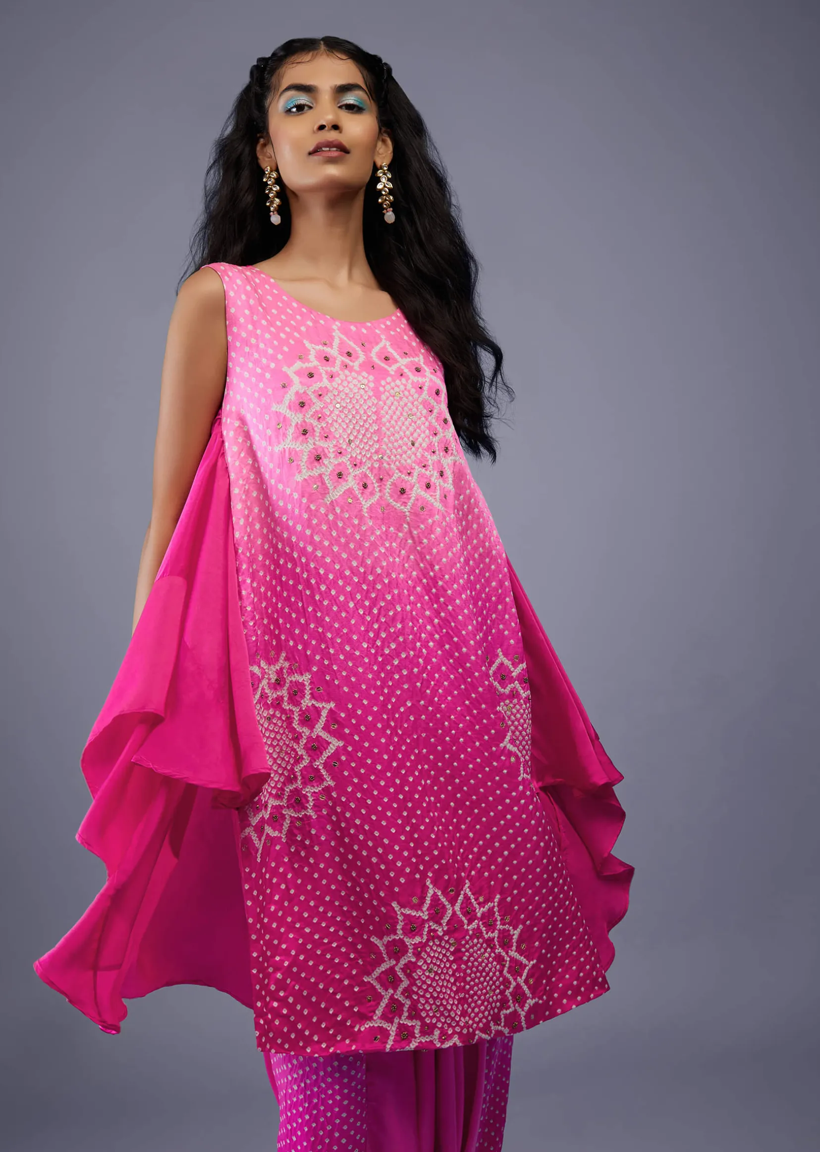 Ombre Fuschia Pink Bandhani Tunic Top In Gajji Silk With Printed Silk Cowl Dhoti
