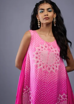 Ombre Fuschia Pink Bandhani Tunic Top In Gajji Silk With Printed Silk Cowl Dhoti