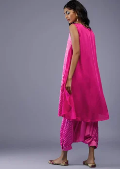 Ombre Fuschia Pink Bandhani Tunic Top In Gajji Silk With Printed Silk Cowl Dhoti