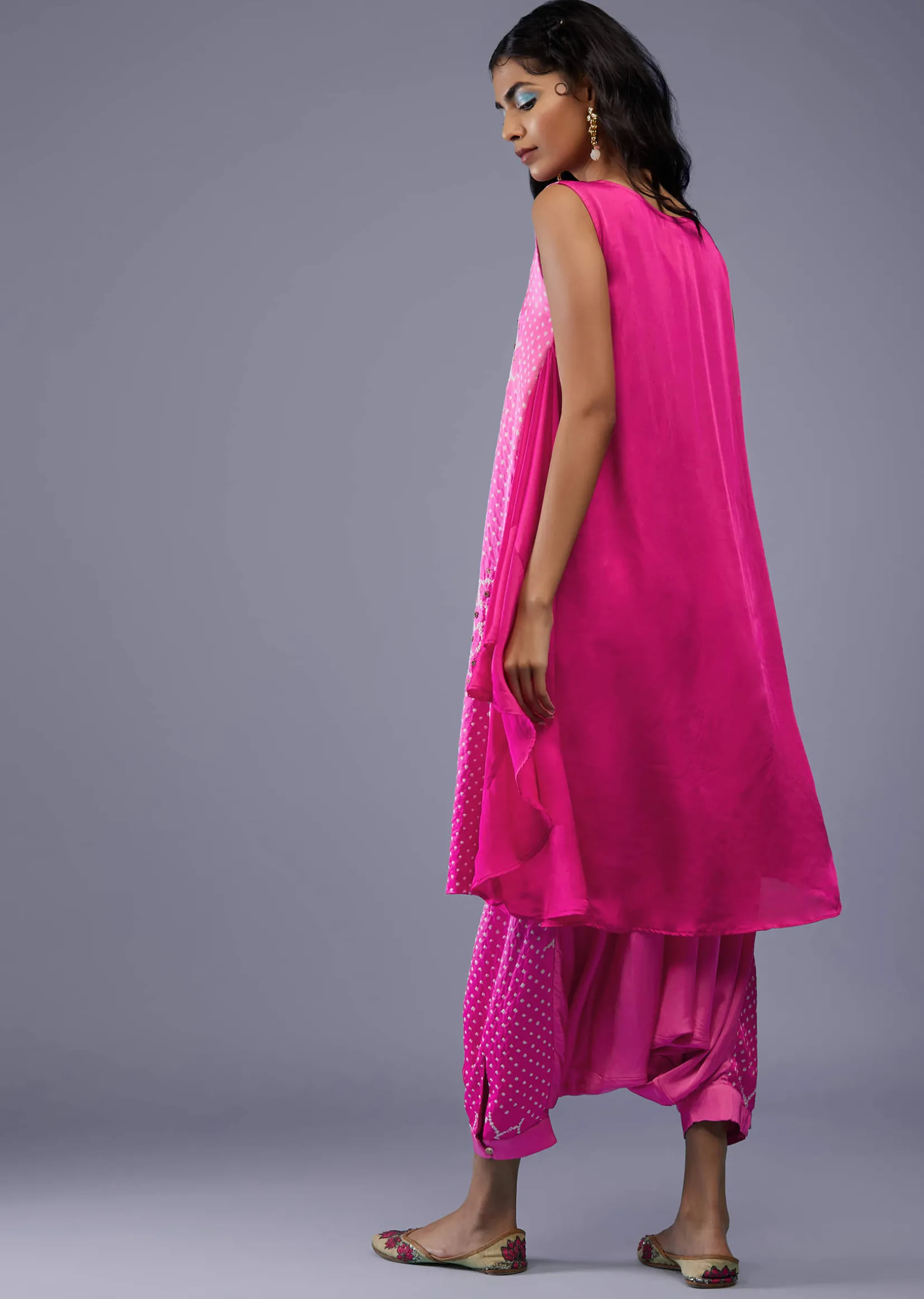 Ombre Fuschia Pink Bandhani Tunic Top In Gajji Silk With Printed Silk Cowl Dhoti
