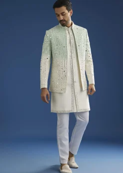 Ombre Green Silk Indo Western Jacket Set With Mirror And Thread Work