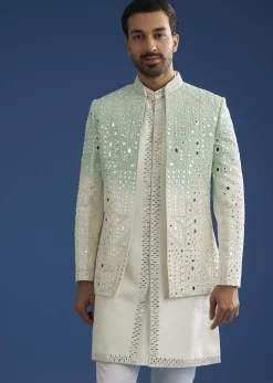 Ombre Green Silk Indo Western Jacket Set With Mirror And Thread Work