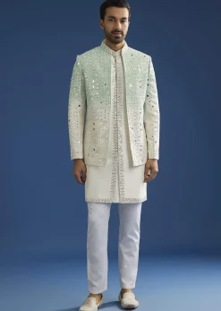 Ombre Green Silk Indo Western Jacket Set With Mirror And Thread Work