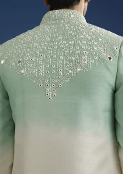 Ombre Green Silk Indo Western Jacket Set With Mirror And Thread Work
